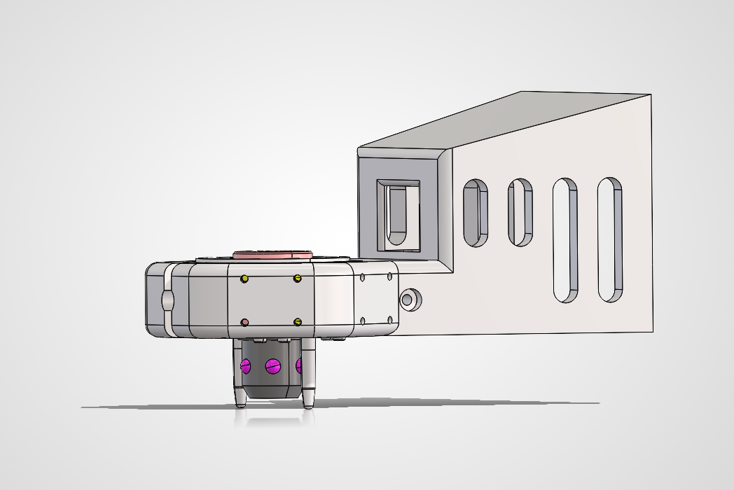 Isometric back view of the second master plate iteration, with the mechanical lock mounted differently.