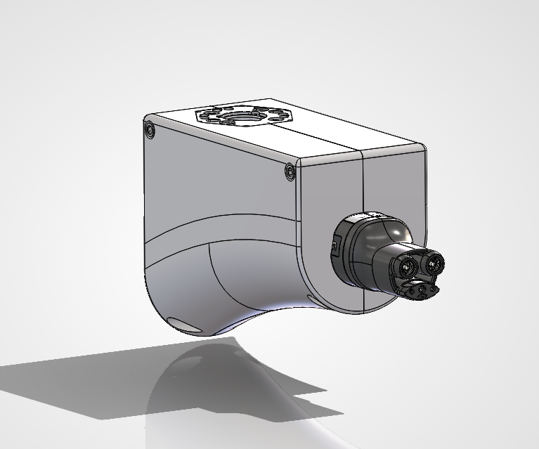 Isometric view of the clamshell tool plate with the charger connector protruding.