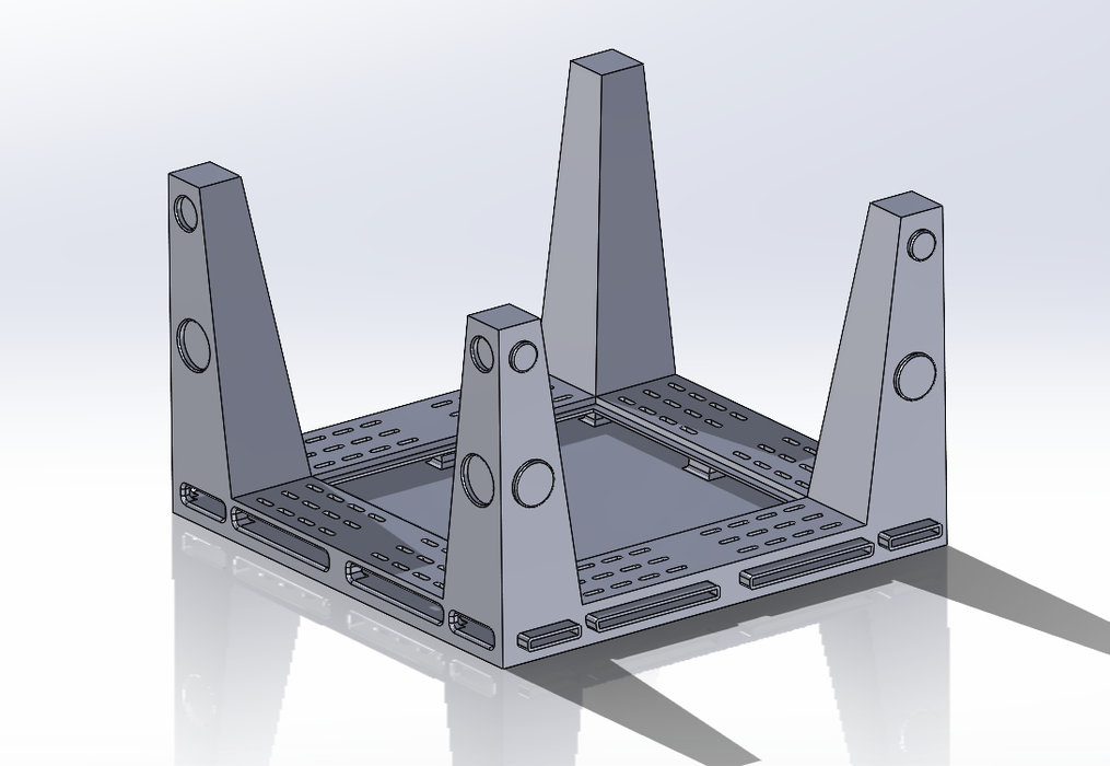 Isometric render of the male base, with the snap tab protruding past the footprint.